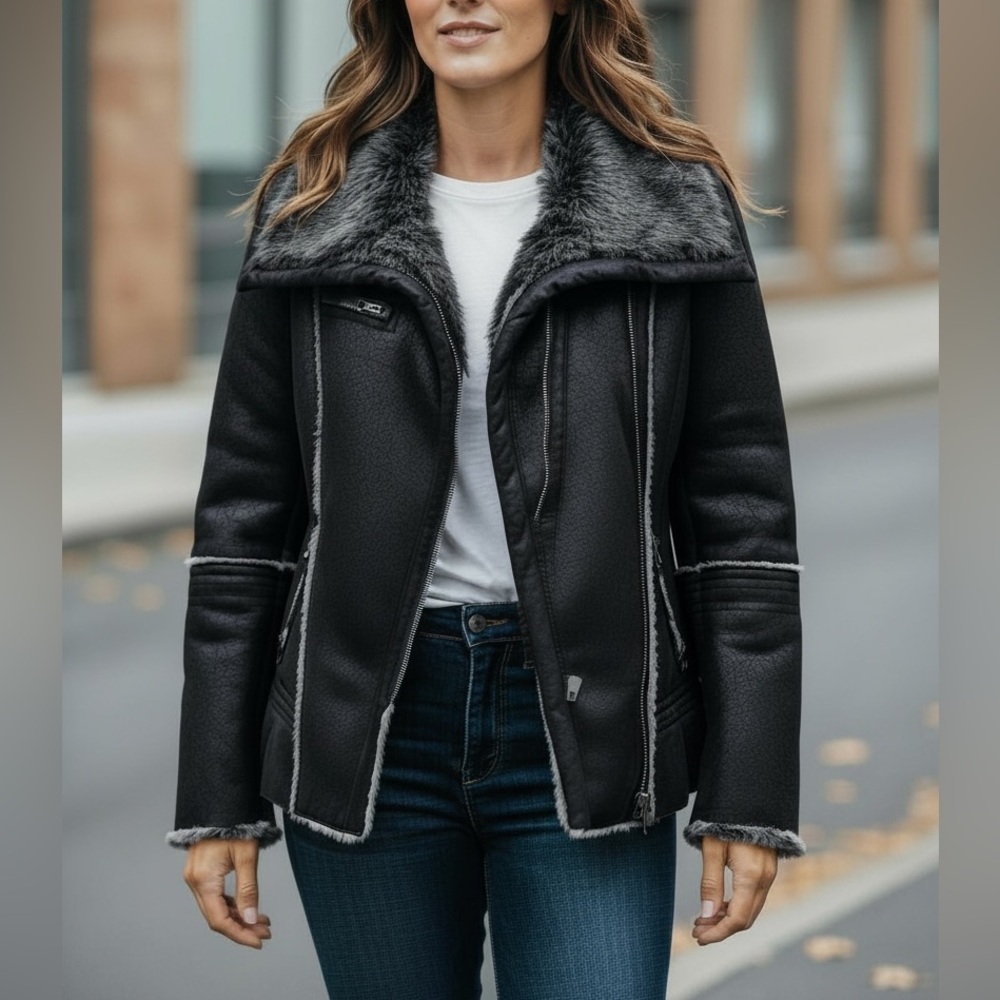 CoffeShop Faux-Fur-Trim Moto Jacket Size M